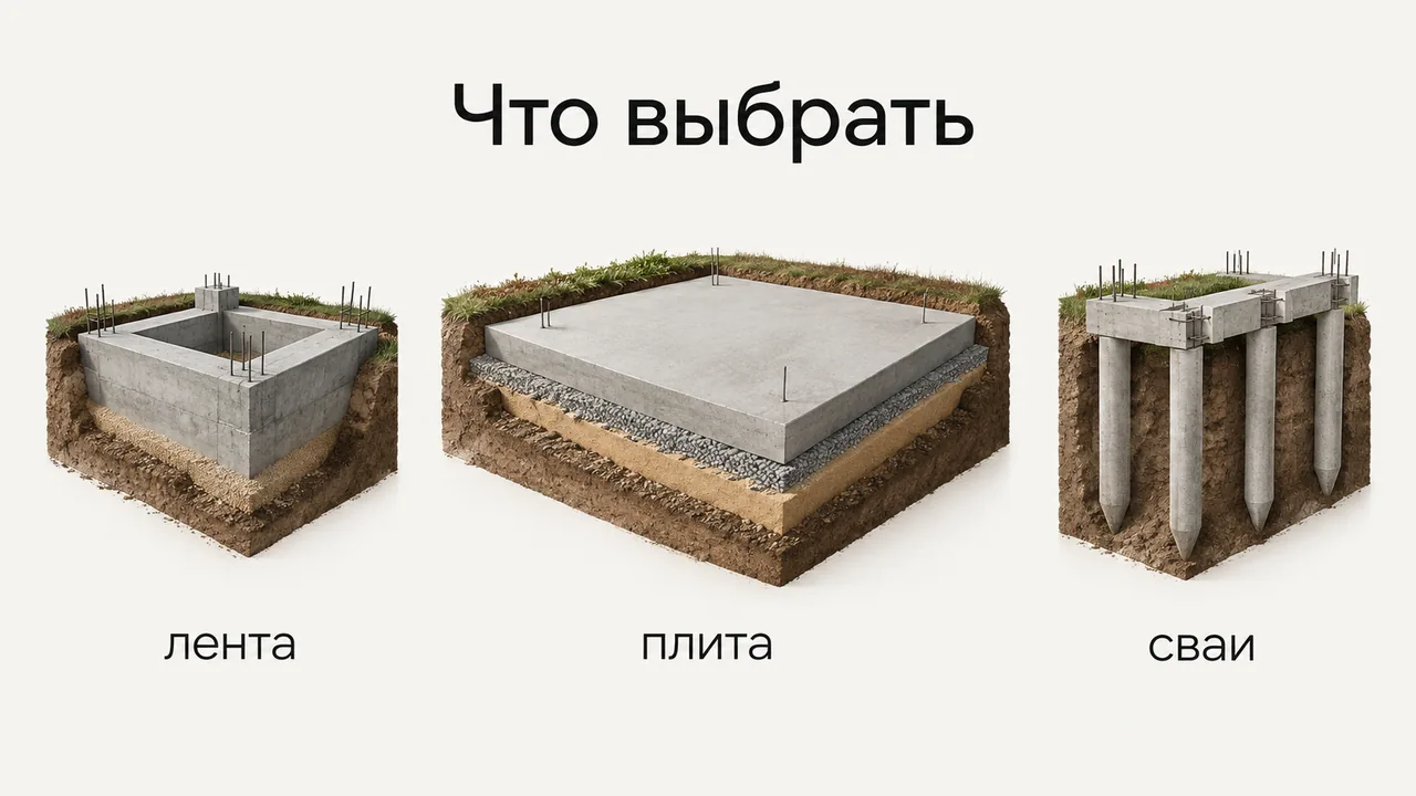 Три типа фундамента: лента, плита, сваи
